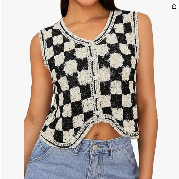 Button Front V Neck Sleeveless Crochet Plaid Checkered Knit Sweater Vest - Picture 1 of 7